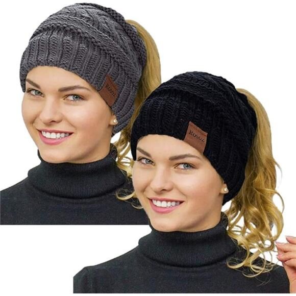 Rosoz 2 Pack Ponytail Beanie for Women,Winter Warm Beanie Tail Soft Stretch - Picture 1 of 7